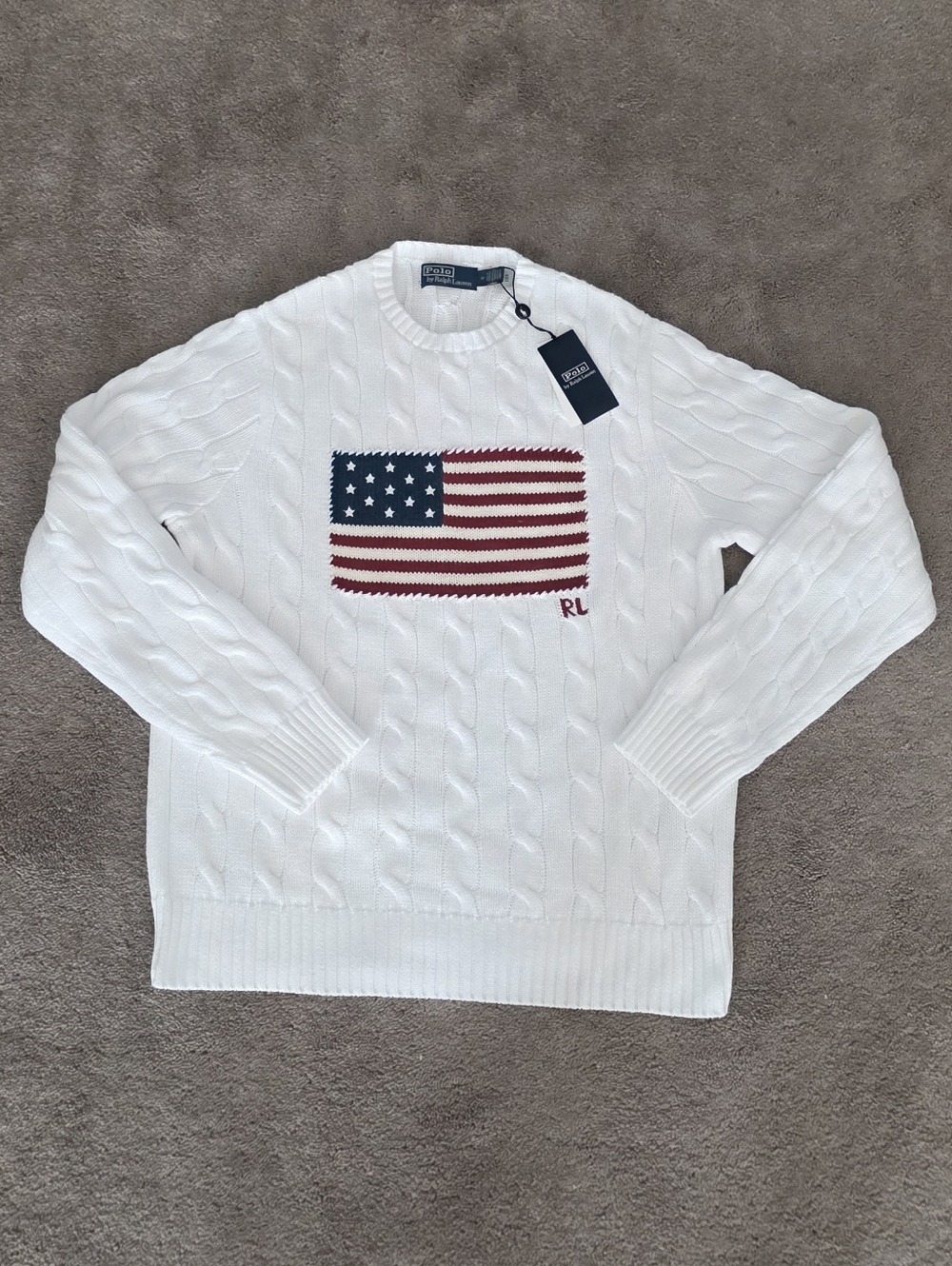 Polo Ralph Lauren White Cable Knit Sweater USA Flag Intarsia Knit Medium Men's